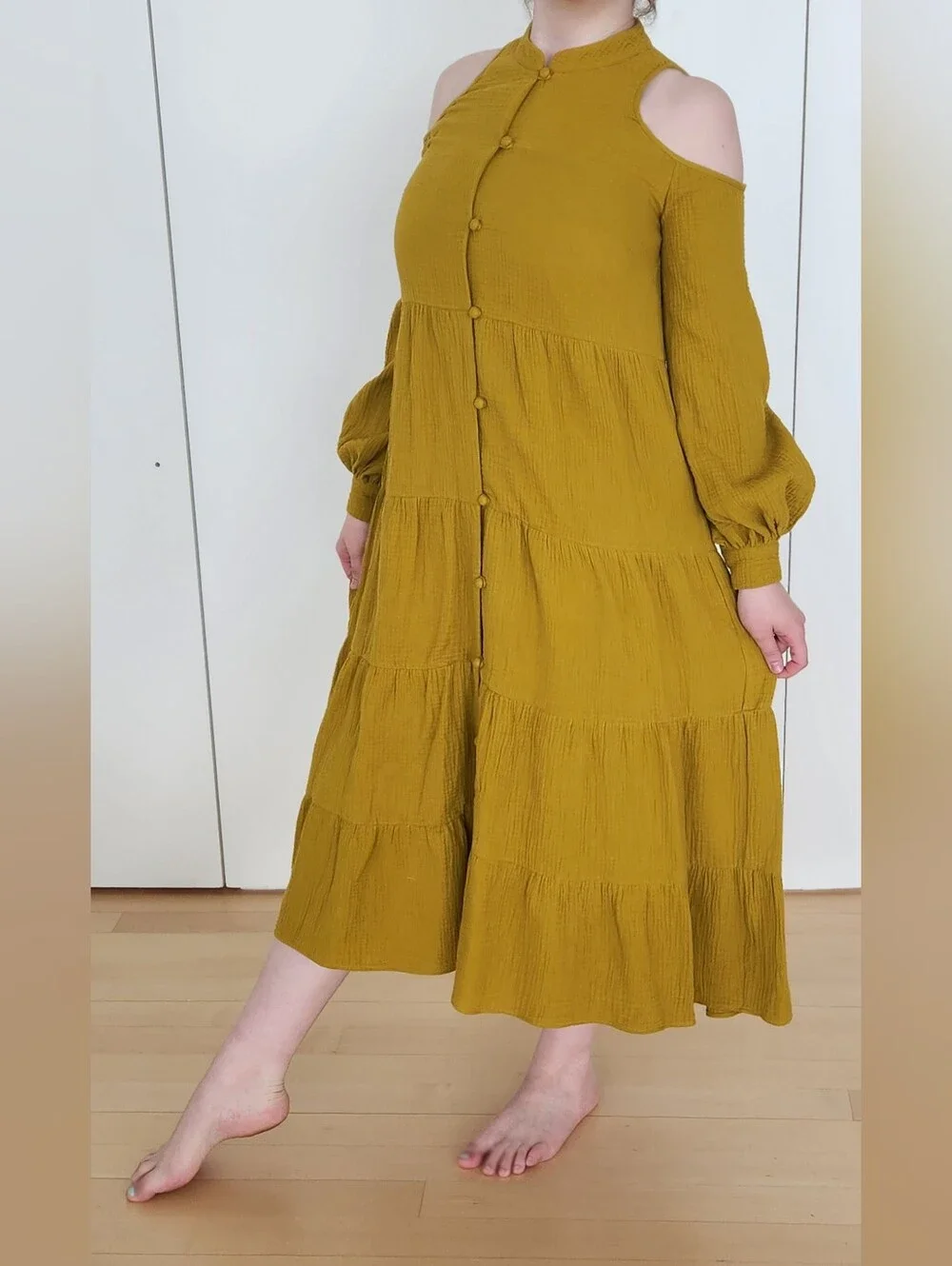 Tiered Button-Front Midi Dress in Mustard